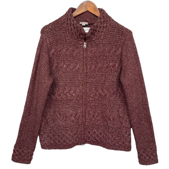 J. Jill Two Way Full Zip Sweater Women Size M Brown High‎ Neck Cable Knit - Picture 1 of 13